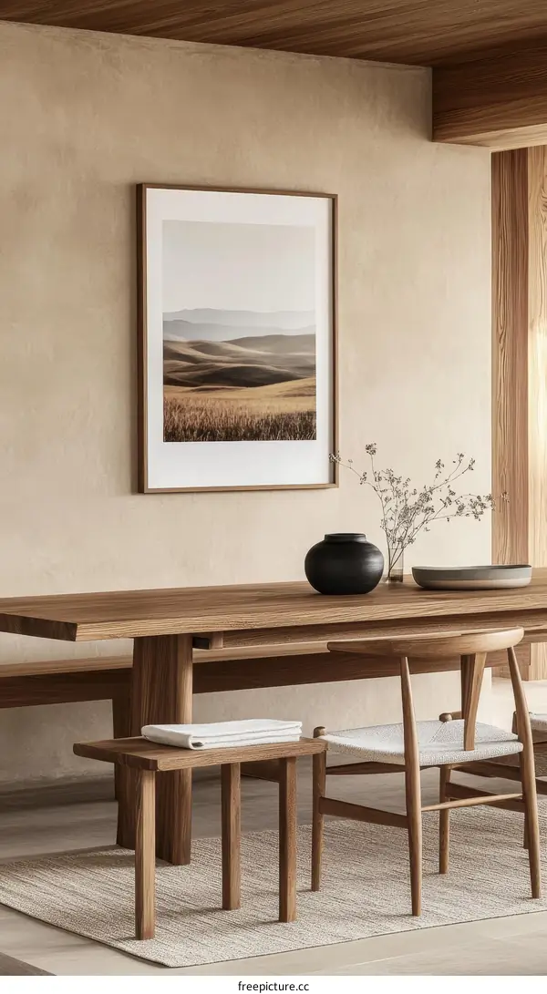 Rustic Minimalist Dining Area with Landscape Print