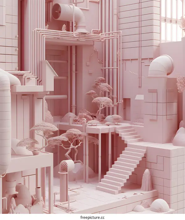 Pink 3D Rendered Architecture With Bonsai Trees