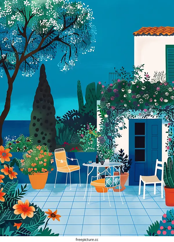 Mediterranean House Garden Patio Illustration
