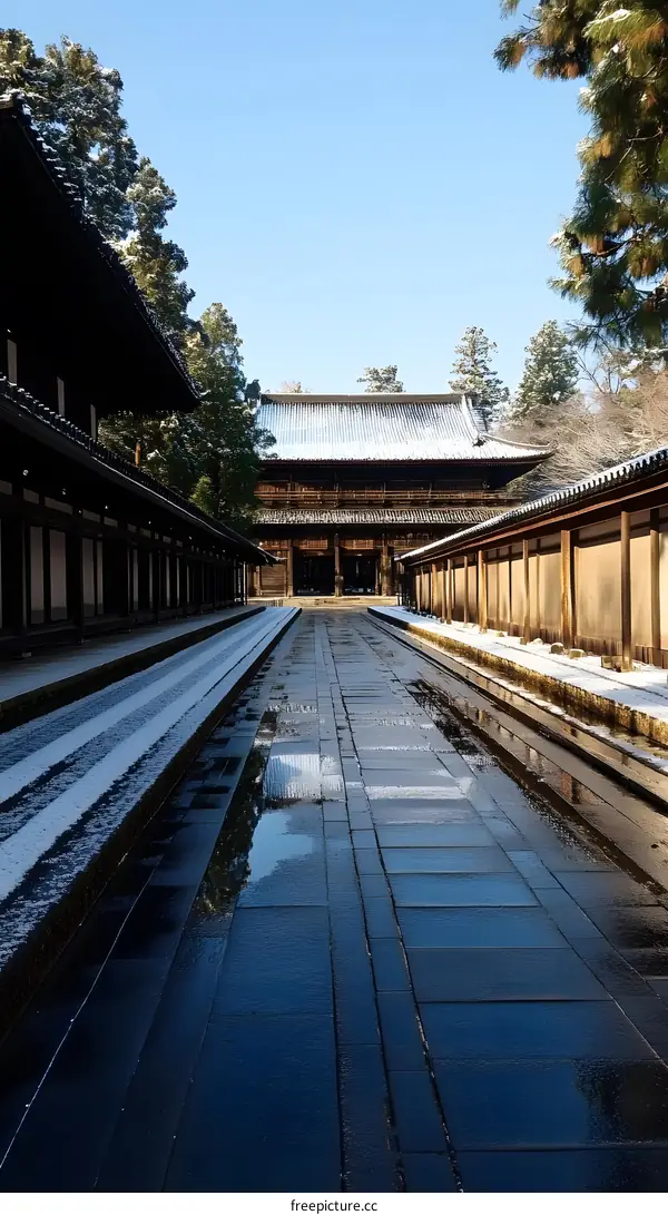 Snowy Path Leading to Japanese Temple