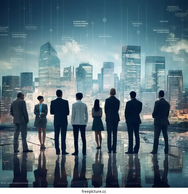 Business professionals looking at a futuristic cityscape
