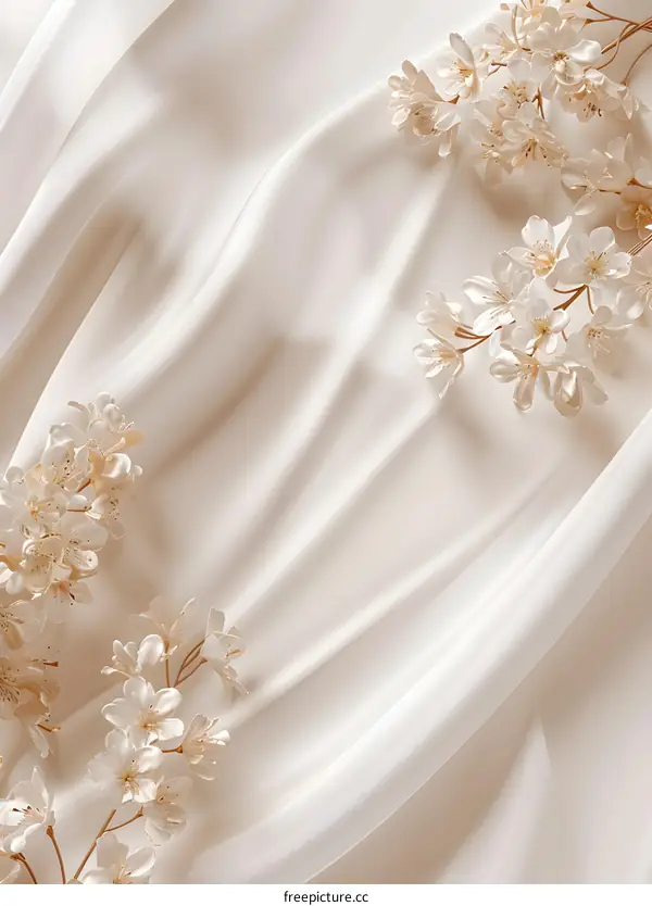 White Satin Fabric with Delicate White Flowers