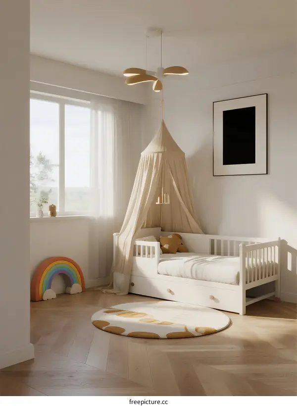 Modern Minimalist Kids Bedroom with Soft Lighting and Playful Decor