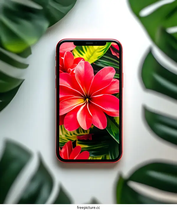 Red Mobile Phone with Tropical Flower Wallpaper