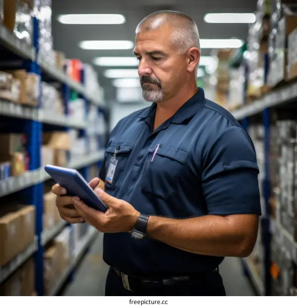A warehouse worker reviews inventory on a tablet