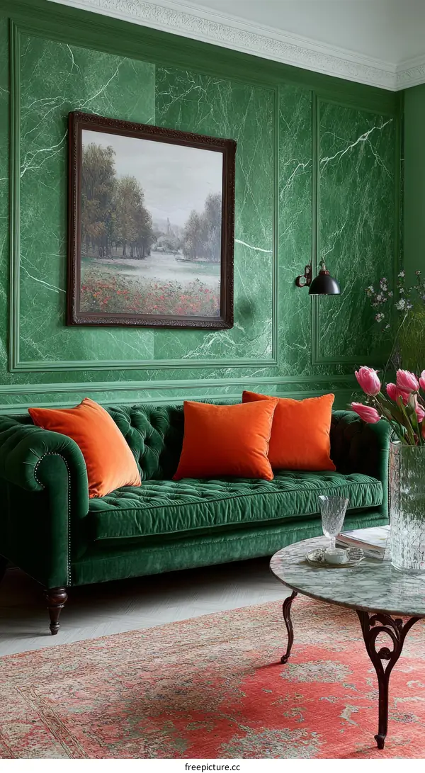 Elegant Green Velvet Sofa in a Luxurious Living Room