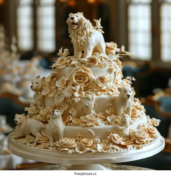 A multi-tiered wedding cake decorated with sugar animals and flowers