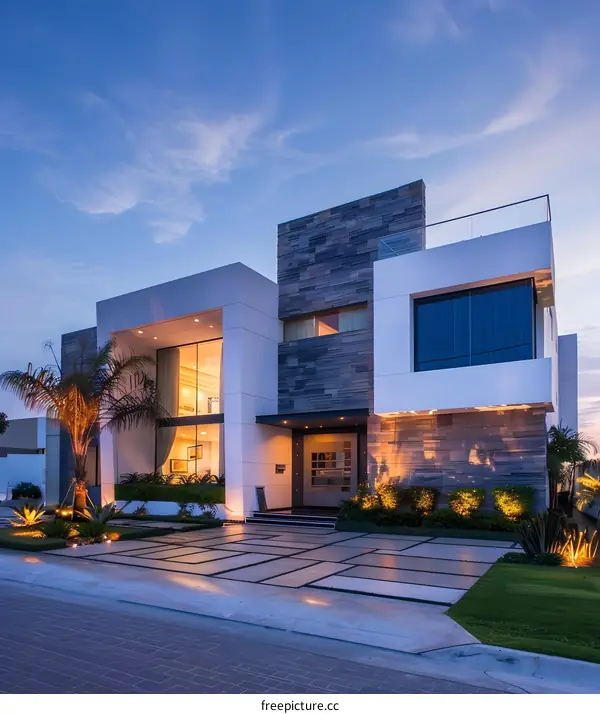 Modern House with Stone Facade and Palm Trees