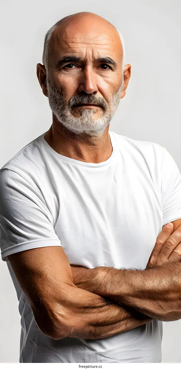 Portrait of a serious bald man with crossed arms