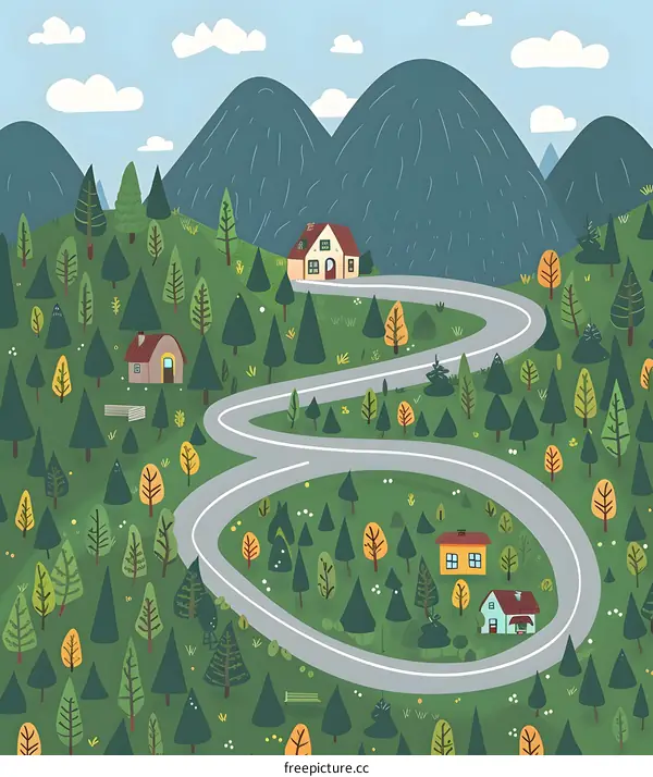 Winding Road Through Forest with Houses