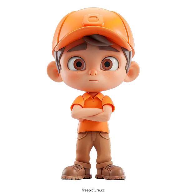 [Transparent Background PNG]3D rendering of a boy in an orange hat and brown pants