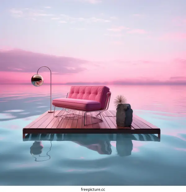 Pink Couch and Silver Lamp Floating on a Wooden Platform
