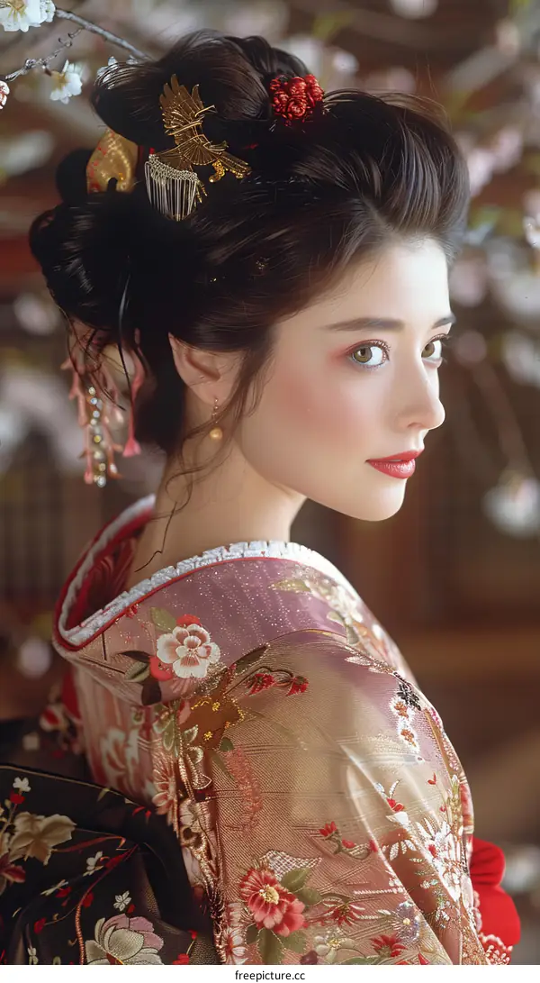 Portrait of a beautiful Japanese woman in traditional kimono