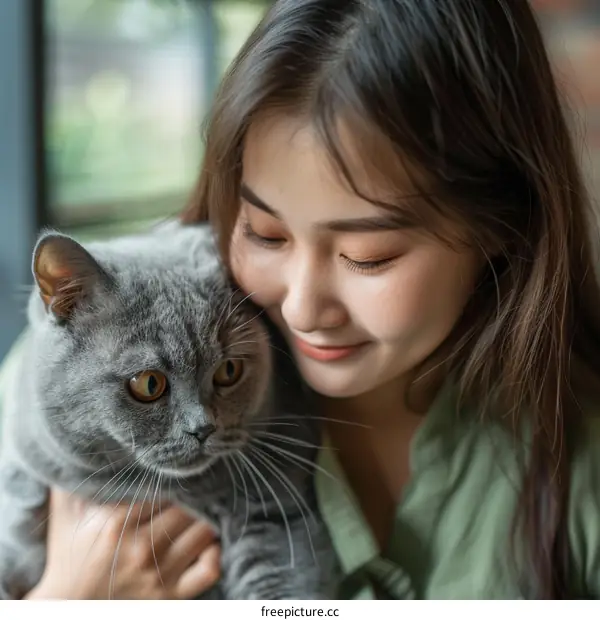 A young woman is holding a British Shorthair cat