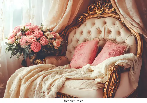 Pink Roses on a Vintage Gold Sofa with Pillows