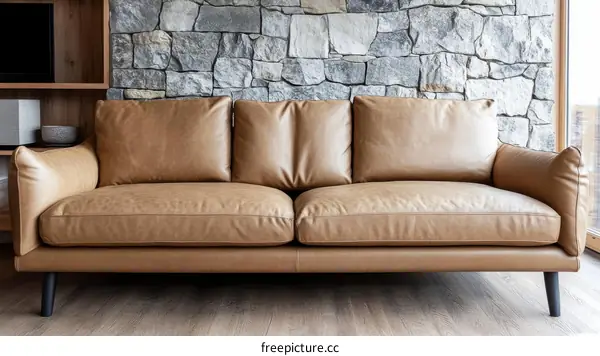 Modern Light Brown Leather Sofa in a Modern Living Room