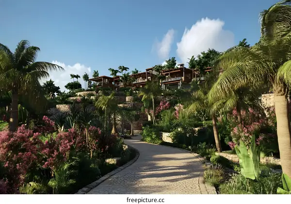 Tropical Villa with Lush Greenery and Stone Pathway