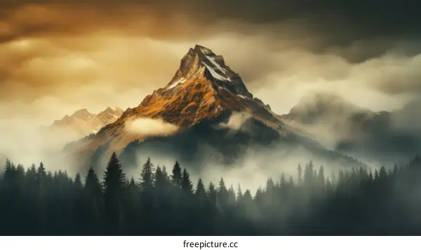 Mystical mountain landscape with fog and sunlight
