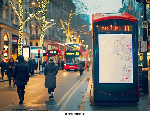 London Street with Red Buses and Christmas Lights