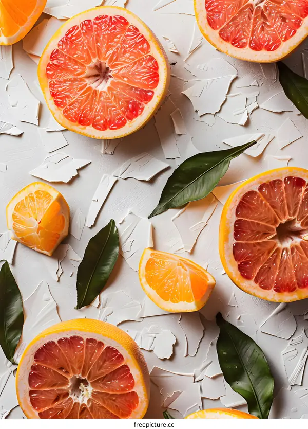 Fresh Grapefruit and Orange Slices on White Background