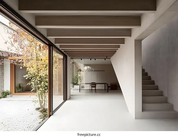 Minimalist Interior Design With Wooden Beams And Large Windows