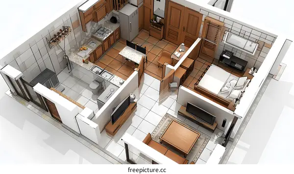 Modern Apartment Floor Plan Design with Detailed Kitchen, Bedroom, and Living Room
