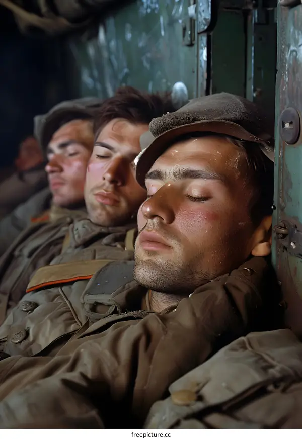 Three soldiers sleeping in a train