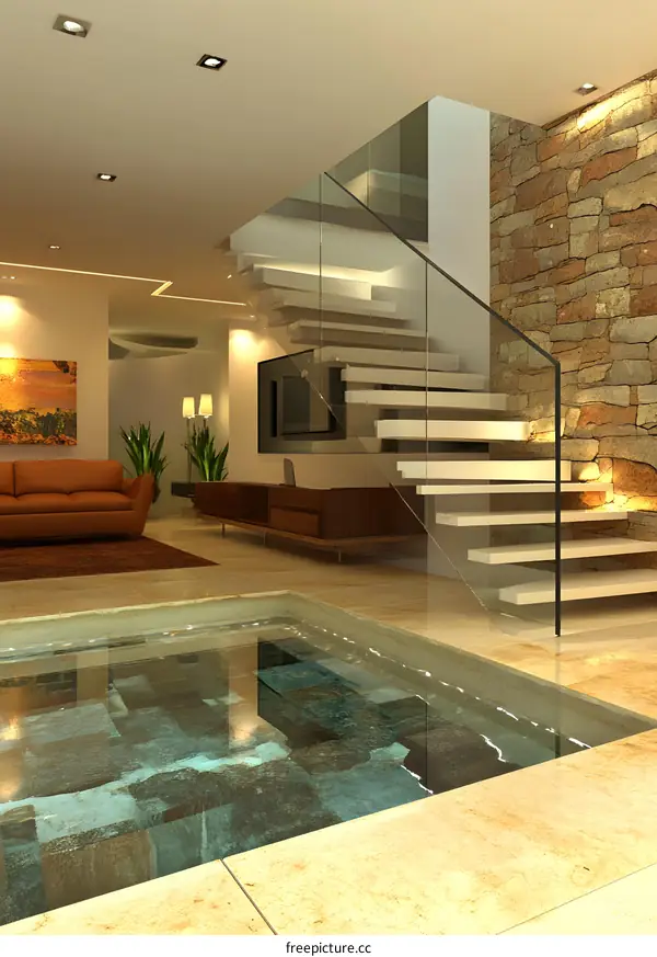 Modern Interior Design with Glass Railing Staircase and Pool