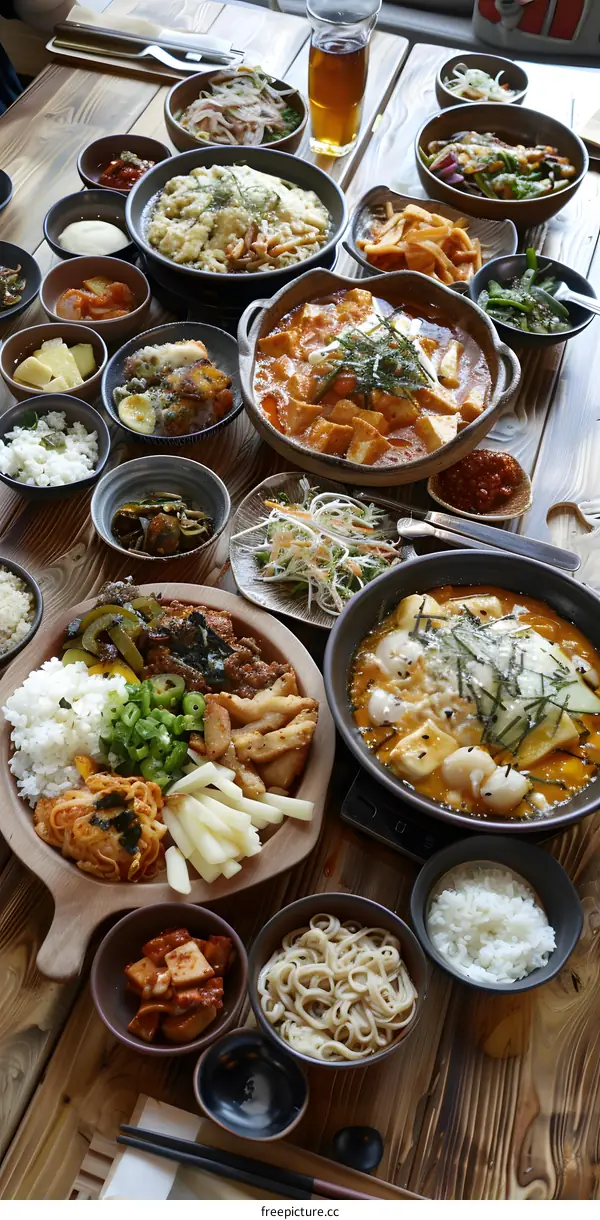 Korean Food On Wooden Table With Chopsticks