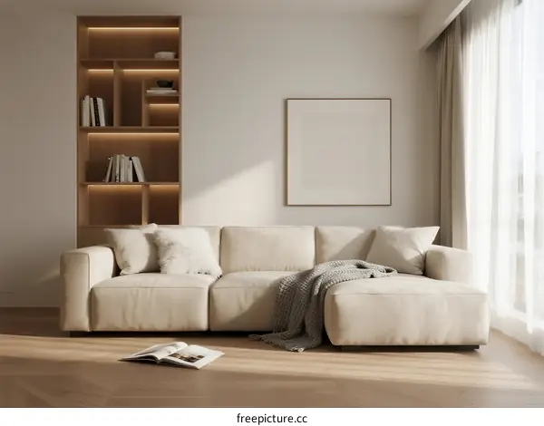 Modern Living Room with Beige Sofa and Built-in Shelving