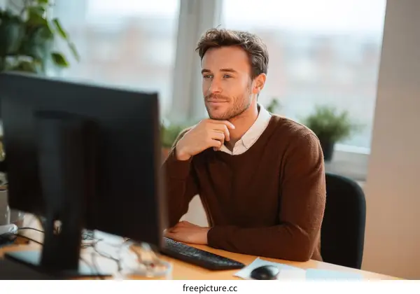 A man working at desk with computer monitor