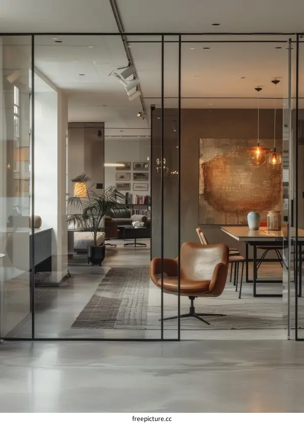 An office interior with a glass wall and a leather chair in the foreground
