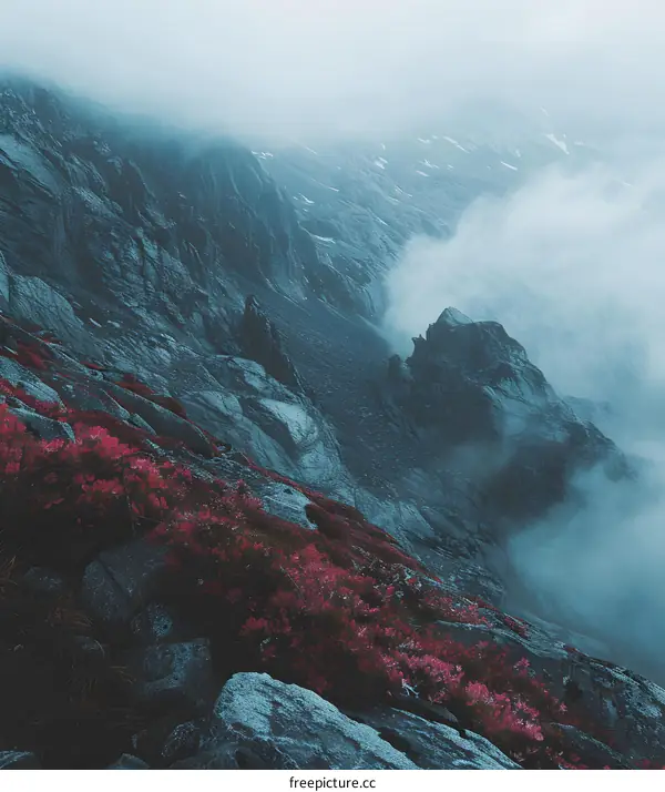 Misty Mountain Landscape With Pink Flowers