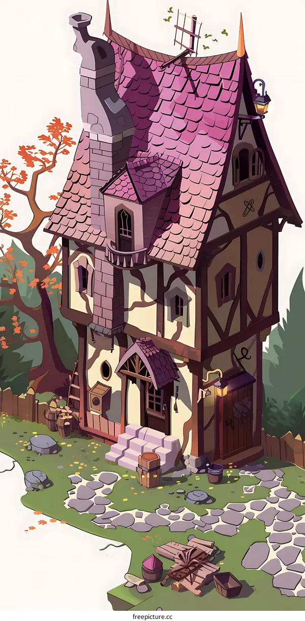 Fantasy Style House Illustration with Purple Roof and Stone Path