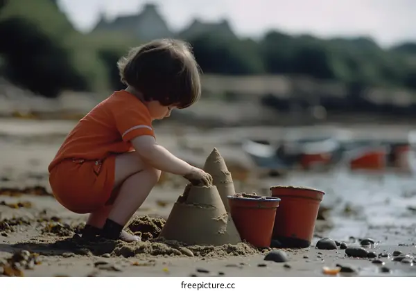 Young Child Building Sandcastles on the Beach
