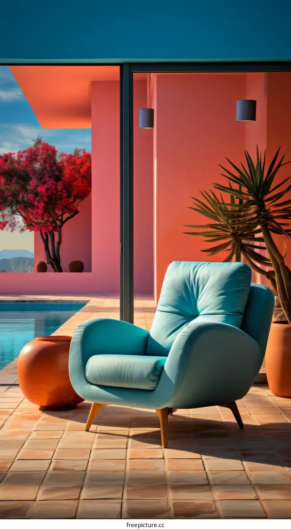 Blue lounge chair in a pink room with a pool