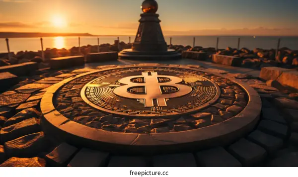 A golden Bitcoin on the beach at sunset