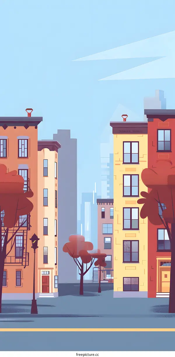 Cartoon Illustration of Cityscape with Buildings and Trees