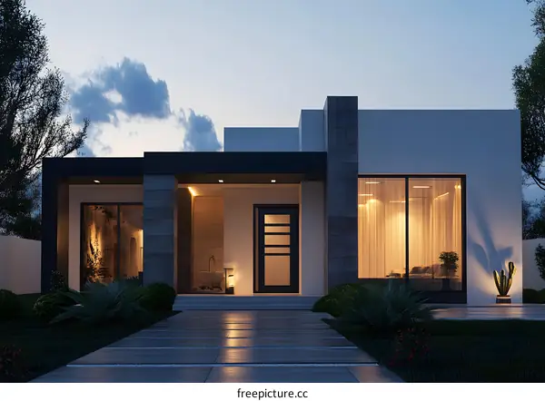 Modern House Exterior Design with Stone Accents and a Lush Garden