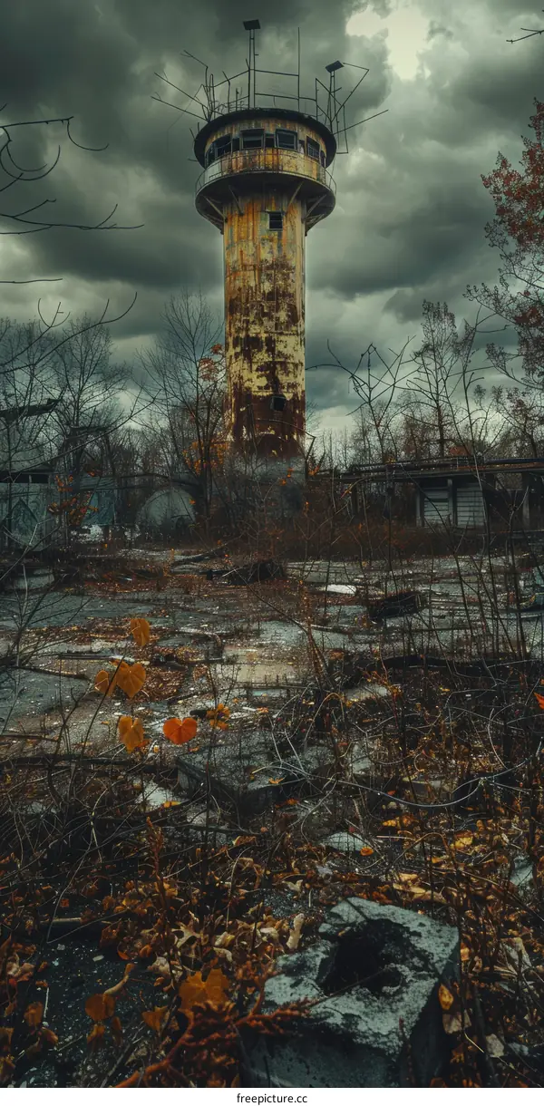 Rundown watchtower in an abandoned industrial area