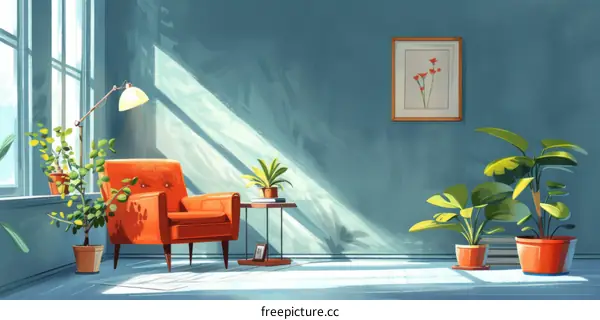 Sunlight filled living room with orange armchair and plants