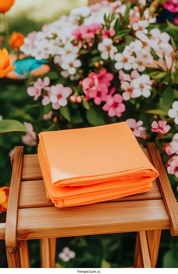 Orange Napkins on a Wooden Table with Flowers in the Background