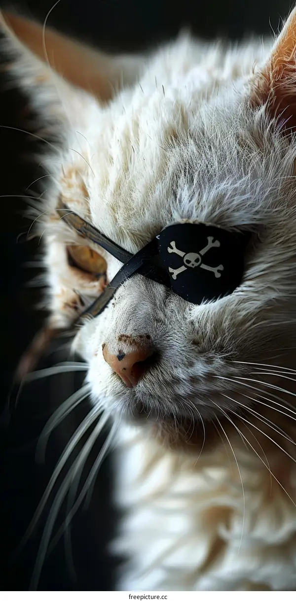 A white cat wearing an eye patch with a skull and crossbones on it