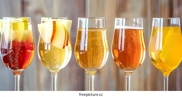 Five Glasses of Apple Cider with Apple Slices