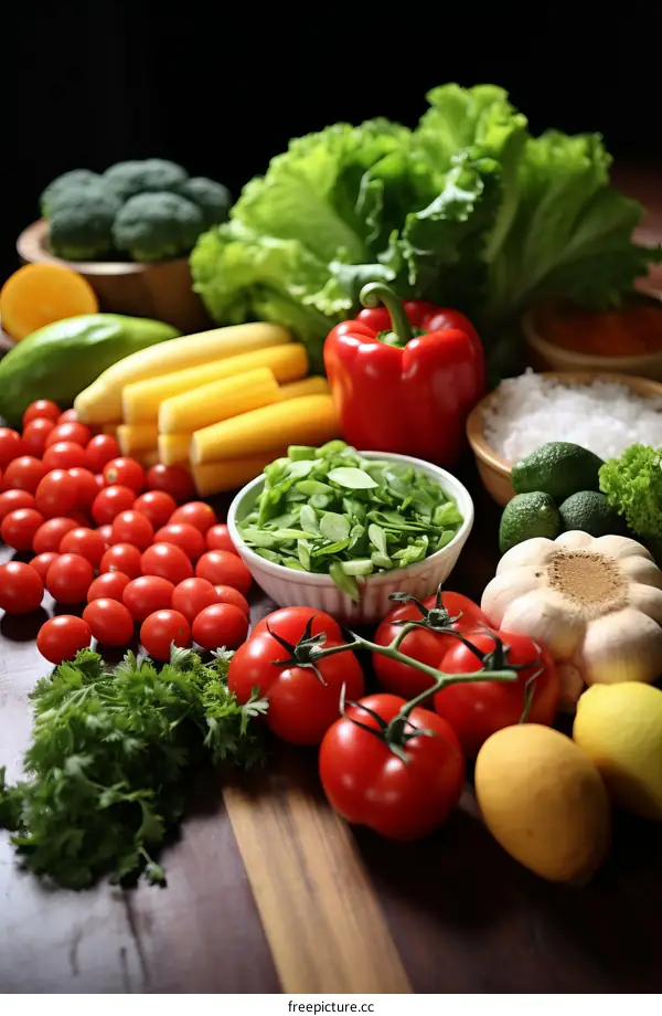 A variety of fresh vegetables and fruits are arranged on a wooden table.