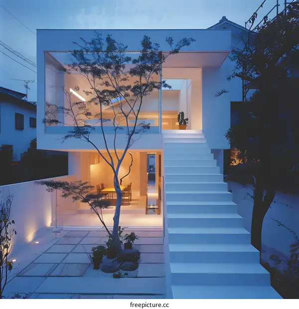 Modern White House with Stairs and Tree