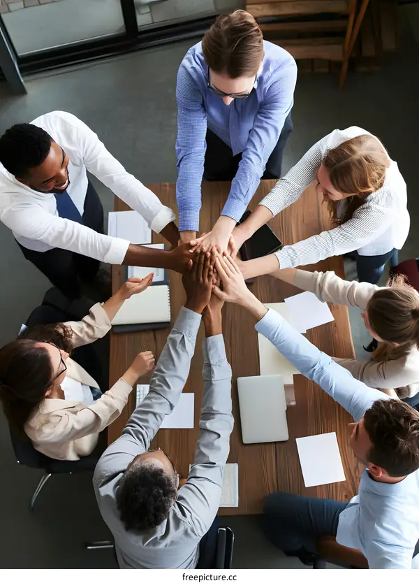 Diverse Team of Business Professionals Put Hands Together in a Meeting