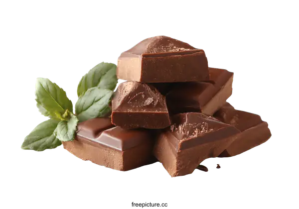 [Transparent Background PNG]Delicious Dark Chocolate Pieces with Fresh Mint