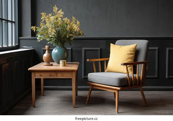 Dark and Cozy Living Room with Wooden Furniture and Yellow Accent