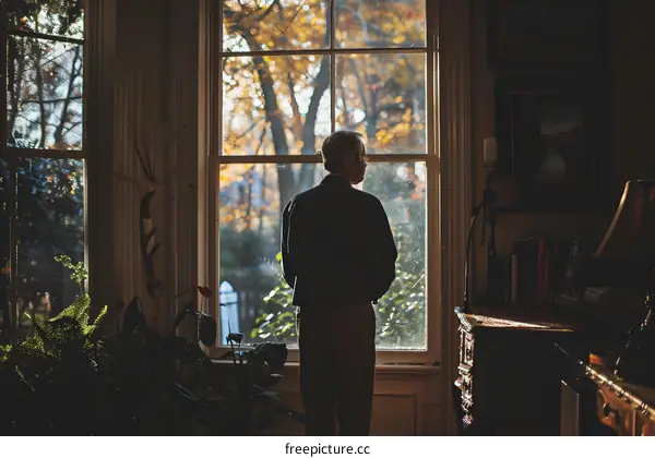An old man is standing in front of a window and looking outside